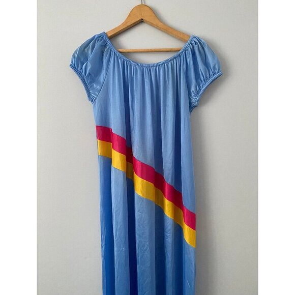 Vintage Summer Nightgown, Blue with Red and Yellow Diagonal Stripes, Size Medium - Picture 3 of 7
